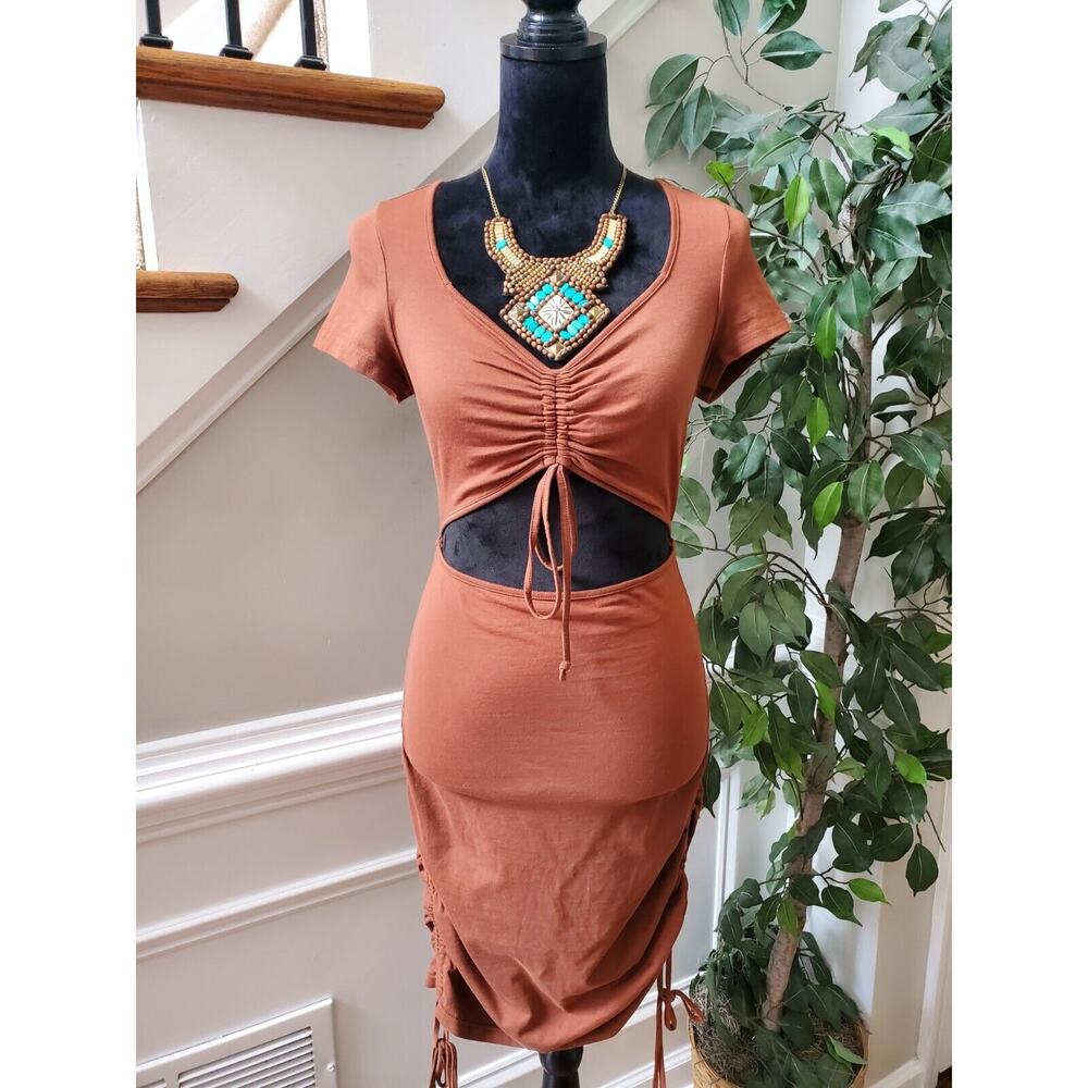 SHEIN Women's Brown Cotton Sweetheart Neck Short Sleeve Knee Length Dress Large